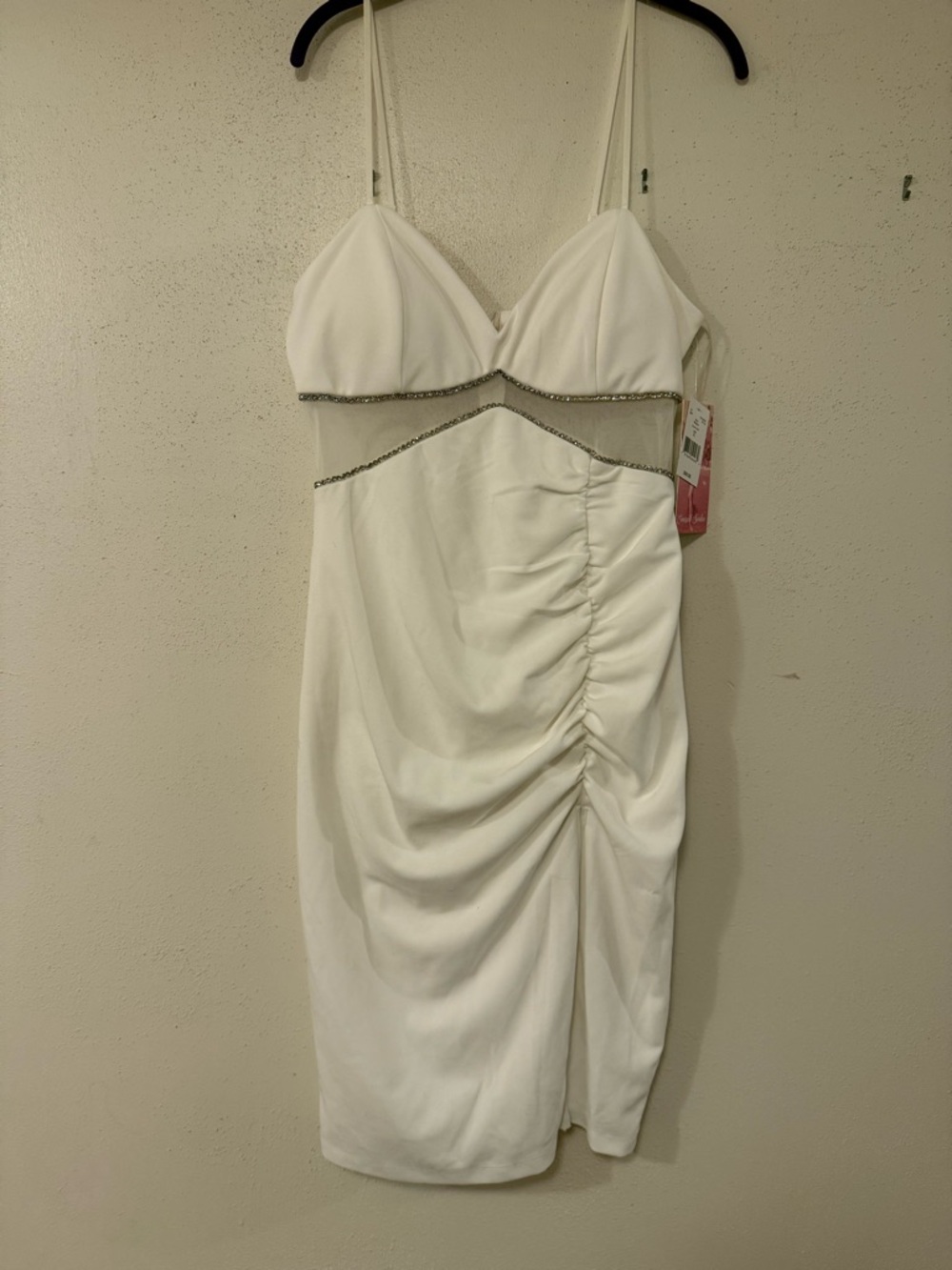 White Ruched Bodycon Dress with Rhinestone Trim & Mesh Cut-out
